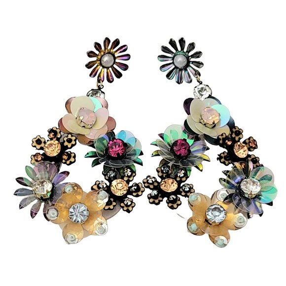 Floral, Plastics, Glass Bead, Sequin Artisan Post Drop Dangle Earrings - Picture 1 of 10